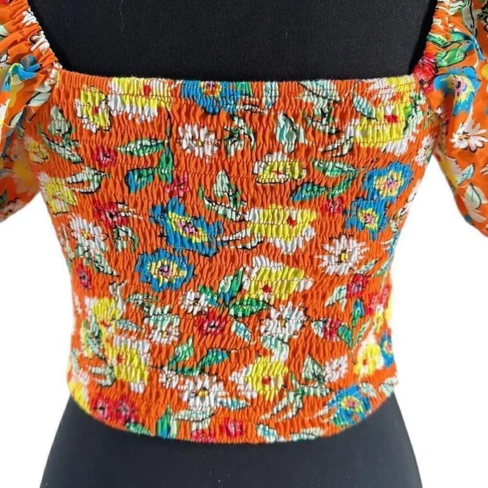 Zara Womens Balloon Sleeve Crop Top Flounce shirt l Orange Floral sz lg NWT - Picture 10 of 10